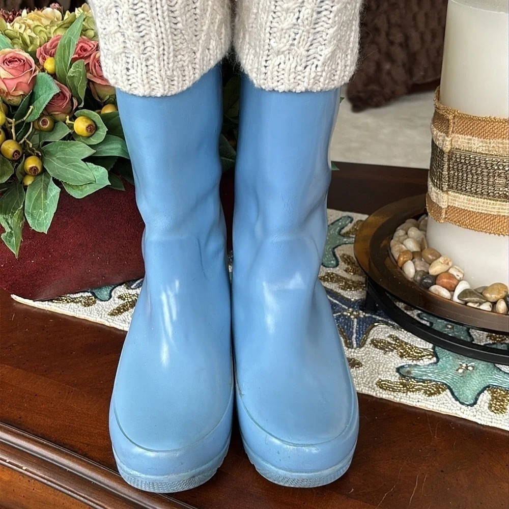 Sperry Vintage Blue Tall Rubber Boots Waterproof w/ Cream Knit Sequin Boot Socks